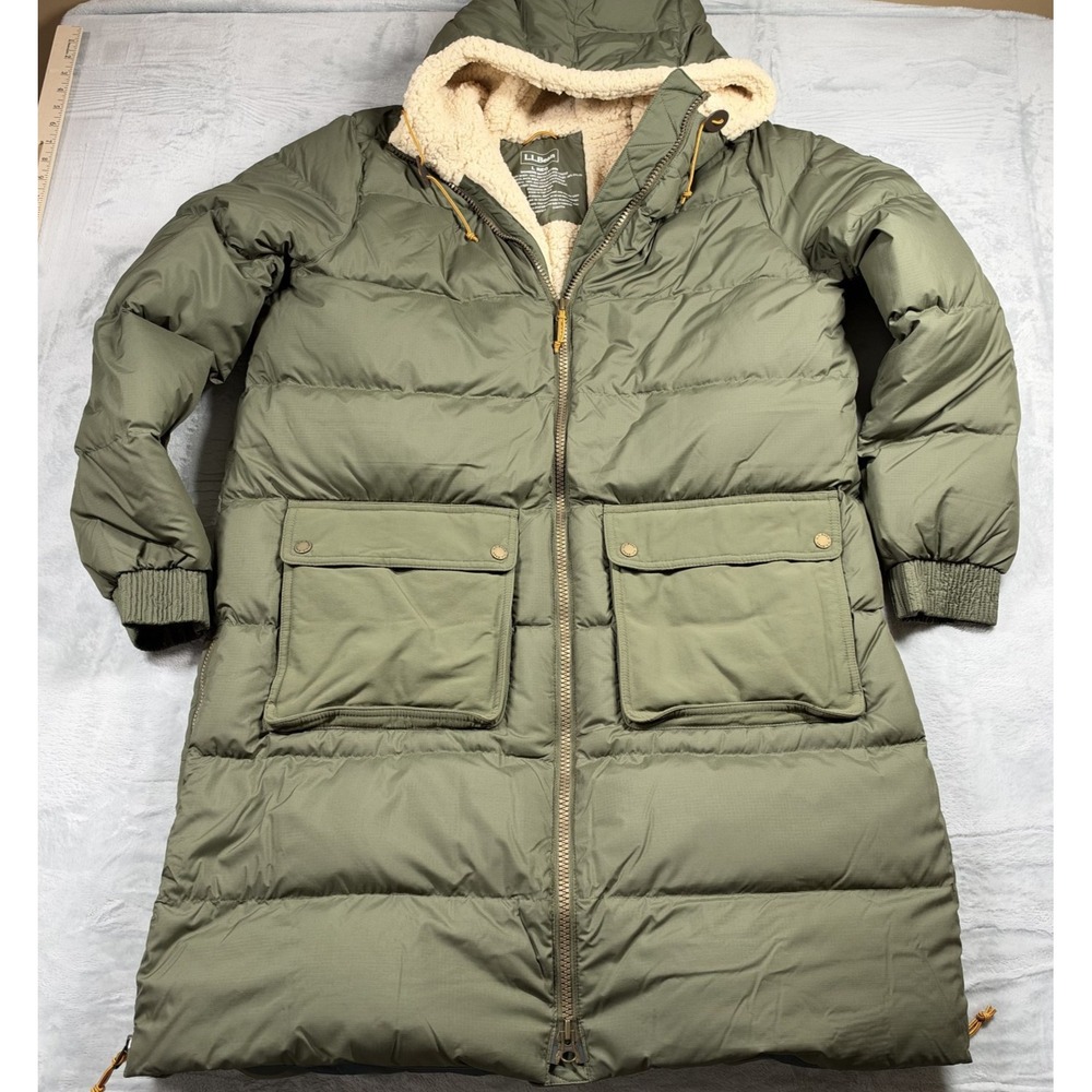 L.L.Bean Women L Mountain Classic Down Coat Sherpa 650 DownTek Kelp Green